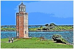 Two Women Walking Towards Avery Point Lighthouse at Connecticut